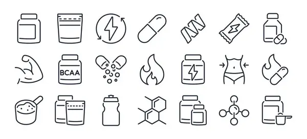 Spor takviyeleri ve fitness beslenme düzenlenebilir çizgi taslak simgeleri beyaz arka plan düz vektör illüstrasyonunda izole edildi. Piksel mükemmel. 64 x 64