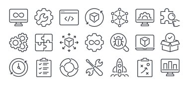 DevOps geliştirme ve işletim konsepti düzenlenebilir çizgi simgeleri beyaz arkaplan düz vektör illüstrasyonunda izole edildi. Piksel mükemmel. 64 x 64