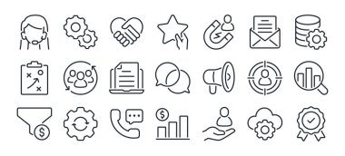 Beyaz arkaplan düz vektör illüstrasyonunda izole edilmiş CRM müşteri ilişkileri düzenlenebilir çizgi taslak simgesi. Piksel mükemmel. 64 x 64