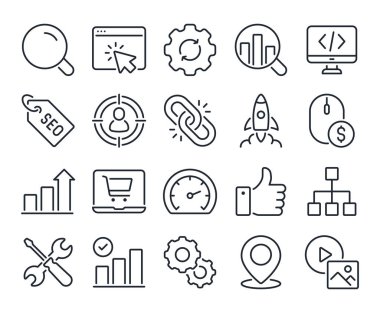 SEO Arama Motoru Optimizasyon Düzenlenebilir Çizim ana hatları beyaz arkaplan düz vektör illüstrasyonunda izole edildi. Piksel mükemmel. 64 x 64