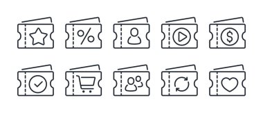 Bilet ve kupon düzenlenebilir çizgi simgeleri beyaz arka plan düz vektör illüstrasyonunda izole edildi. Piksel mükemmel. 64 x 64