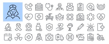 Tıbbi bakım ve hastane için düzenlenebilir çizgi çizimi beyaz arka plan düz vektör illüstrasyonunda izole edilmiştir. Piksel mükemmel. 64 x 64