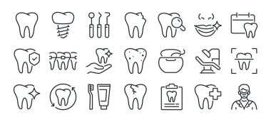 Diş bakımı ve stomatoloji düzenlenebilir çizgi simgeleri beyaz arkaplan düz vektör illüstrasyonunda izole edildi. Piksel mükemmel. 64 x 64.
