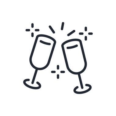 Beyaz arka plan düz vektör illüstrasyonuna izole edilmiş iki kadeh şampanya tokuşturulabilir çizgi ikonu. Piksel mükemmel. 64 x 64.