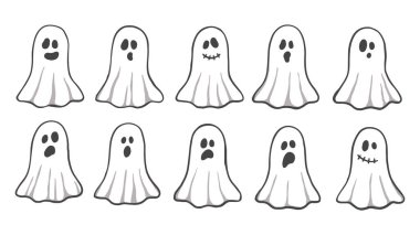 Şirin hayalet cadılar bayramı karakterleri el çizimi karalama seti vektör çizimi. Komik tatil korkunç dekorasyonu..