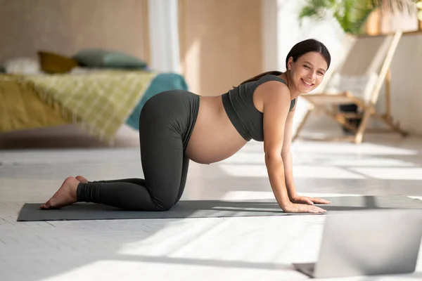 在线培训 美丽的孕妇在家用笔记本电脑练习瑜伽 年轻的准妈妈在客厅里锻炼健身垫 从网上观看视频辅导 — 图库照片