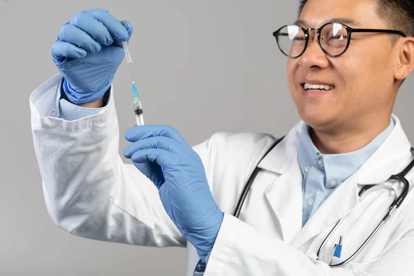 Smiling Middle Aged Chinese Male Doctor White Coat Glasses Take — Stock Photo, Image