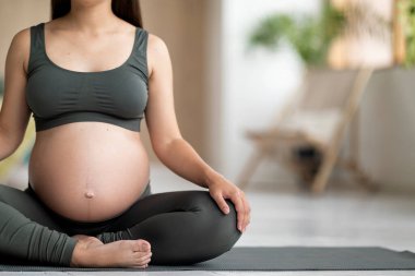 Hamilelik Yogası. Genç Hamile Kadın Evde Aktif Giysi Meditasyonu, Büyük Göbekli, Lotus Konumunda Oturan Tanımlanamayan Beklenmedik Kadın, Kopyalama Boşluğu