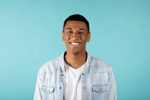 Portrait Happy Attractive Millennial African American Guy Jeans Look Camera — Stock Photo, Image