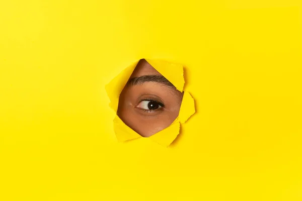 好奇的非洲裔美国女人透过扭曲的黄色纸的孔里的窥视 看着相机 一个女性的眼睛的闭锁镜头 我在看你 好奇的概念 大学生活 — 图库照片