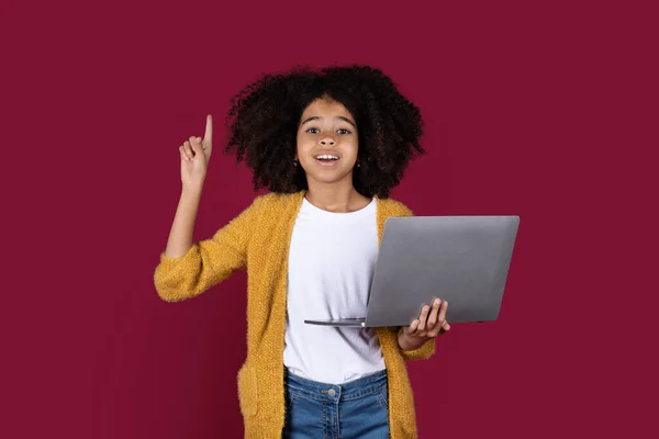 Smart Preteen Black Girl Schooler Using Brand New Laptop Burgundy — Stock Photo, Image