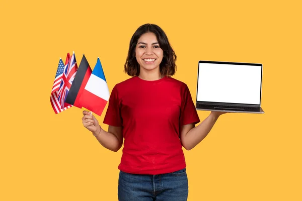 Happy Pretty Middle Eastern Young Woman Student Holding Diverse Flags — Stock Photo, Image