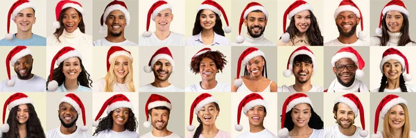 Soubor Pozitivních Krásných Multikulturních Lidí Muži Ženy Červených Čepicích Santa — Stock fotografie