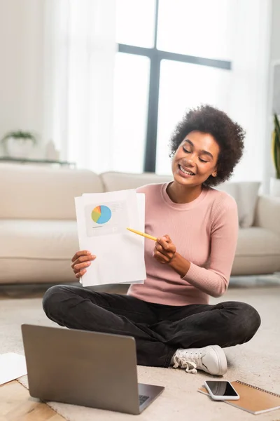 Feliz Ocupado Millennial Africano Americano Mulher Mostrar Diagrama Para Laptop — Fotografia de Stock