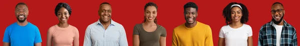 一组快乐而美丽的非洲裔美国人 他们的年龄 风格和职业各不相同 呈现出红色的画室背景 肖像系列 — 图库照片