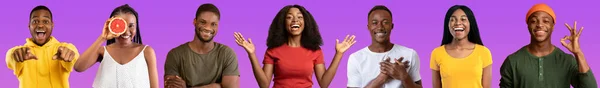 紫のスタジオの背景にポーズをとるスタイリッシュなカジュアルな衣装を着た陽気な千年の黒人男性と女性 ジェスチャー 楽しい 肯定的な写真のセット コラージュ ウェブバナー — ストック写真