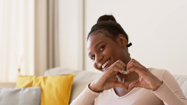 Liefdesgevoel Jonge Speelse Afrikaans Amerikaanse Vrouw Met Hartgebaar Glimlach Flirten — Stockvideo