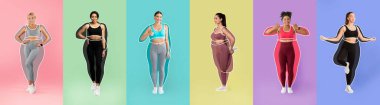 Spor giyim kuşamında gülümseyen zayıf genç bayan sporcular, etraftaki şişman kadınlar, renkli arka planda, stüdyoda izole edilmiş egzersizler yapıyorlar. Kilo kaybı, beden eğitimi, yoga ve diyet.