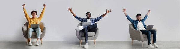 Online Win. Collage With Three Overjoyed Men Celebrating Success With Laptop While Sitting In Armchair At Home, Happy Multiethnic Guys Raising Fists And Exclaiming With Excitement, Panorama