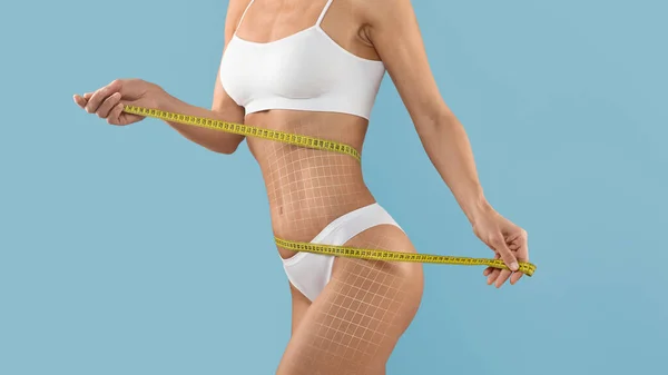 Body Scupting Concept Mujer Delgada Ropa Interior Que Mide Cintura —  Fotos de Stock
