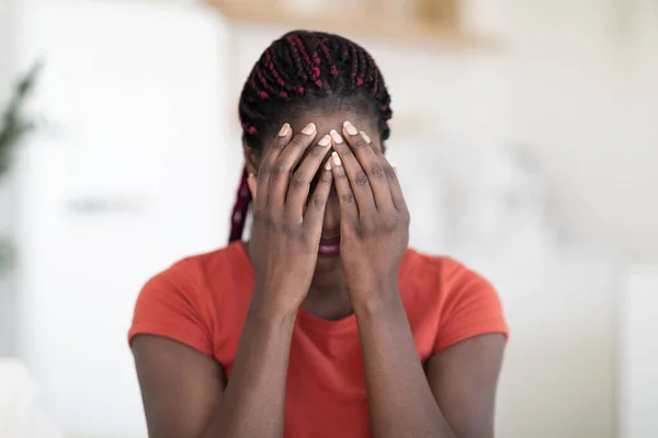 Nervous Breakdown. Closeup Shot Of Young Black Female Crying At Home, Upset Emotional African American Woman Covering Face With Hands, Despaired Lady Suffering Life Troubles, Copy Space