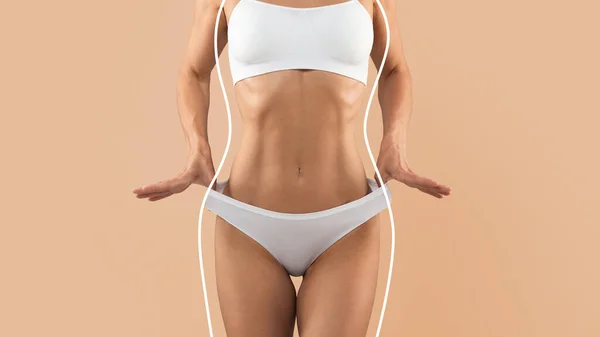 体重减轻概念 身材苗条 身材匀称 体形匀称的女人 身穿米色工作室背景的内裤 身材苗条的女士拉起白色内裤 拼凑在一起 — 图库照片