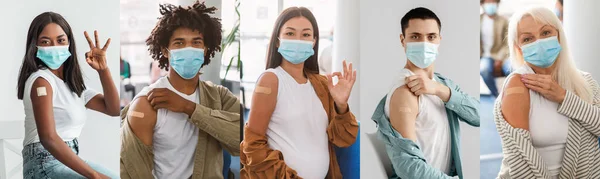 Mezinárodní Skupina Lidí Muži Ženy Lékařských Obličejových Maskách Ukazuje Ramena — Stock fotografie