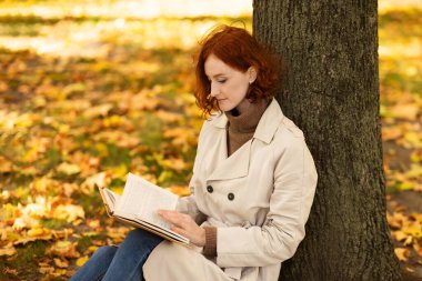 Konsantre, akıllı, bin yıllık kızıl saçlı beyaz kadın kitap okuyor ve düşünüyor, ağaçların yanında sarı yapraklarla oturuyor, sonbaharın tadını çıkarıyor. Şehir parkında vakit geçir ve dışarıda çalış.