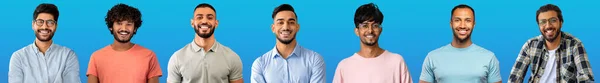 青を背景にしたハンサムな若い中東人男性のスタジオの肖像画のコレクション カメラで笑顔 コラージュ イスラム教徒の人々の社会のためのウェブバナー コミュニティの概念 — ストック写真