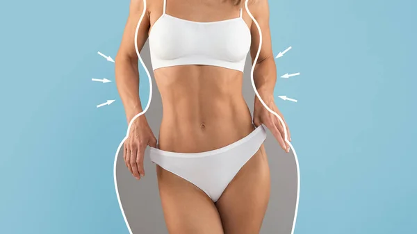 Torso of slim female with drawn outlines around it, creative collage with unrecognizable sporty woman in underwear pulling panties aside while posing isolated over blue background, copy space