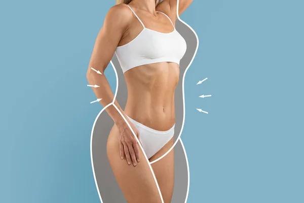 Gewichtsverlust Konzept Schlanke Dame Unterwäsche Mit Gezeichneter Silhouette Ihrer Figur — Stockfoto
