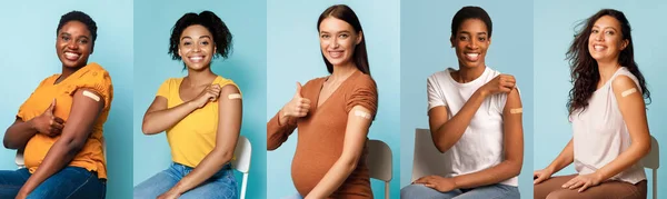 Коллаж Счастливых Разнообразных Вакцинированных Молодых Женщин Пластырями Руках Группа Многорасовых — стоковое фото