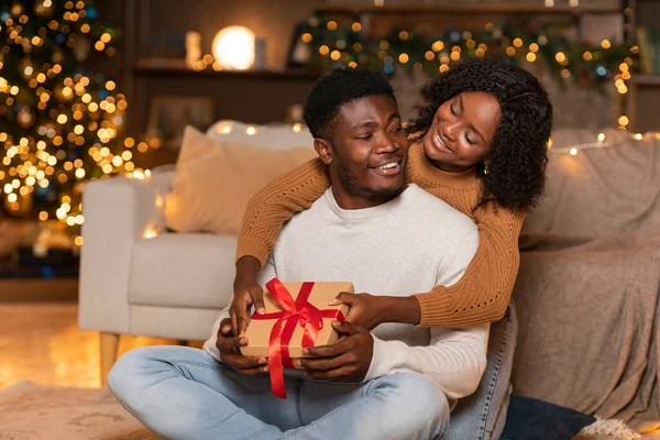 Весела Молода Афроамериканка Обнімає Хлопця Подарунковою Коробкою Затишній Вітальні Ялинкою — стокове фото