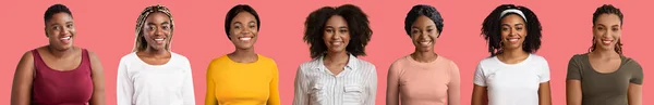 Збірка Портретів Молодих Афроамериканських Жінок Які Позують Рожевому Тлі Посміхаються — стокове фото