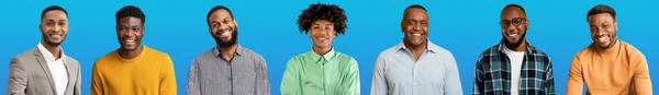 青いスタジオの背景 率直な写真のコレクション コラージュ ウェブバナーに陽気に笑顔様々な年齢のクールなハンサムなアフリカ系アメリカ人男性のセット 男性コミュニティチームグループのコンセプト — ストック写真