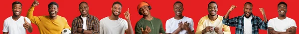 Feliz Guapo Afroamericano Millennial Chicos Sonriendo Cámara Compartiendo Buenas Vibraciones —  Fotos de Stock