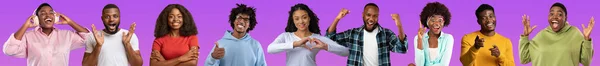 アフリカ系アメリカ人のスタジオ写真集紫色の背景にポーズをとる人々 幸せな千年紀の黒人男性と女性のカジュアルな優雅さとジェスチャーで ガジェットを使用して ウェブバナー コラージュ — ストック写真