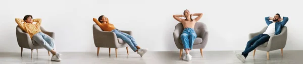 Conforto Doméstico Colagem Com Calma Feliz Multiétnica Pessoas Relaxando Poltrona — Fotografia de Stock
