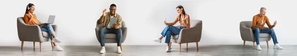 Онлайн Общение Разнообразные Счастливые Люди Сидя Креслах Делать Видеозвонок Различными — стоковое фото