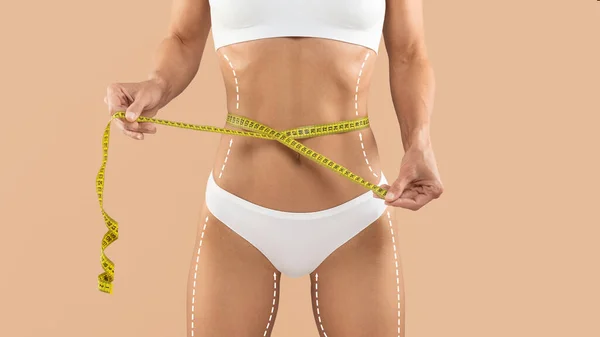 Diätkonzept Unerkennbare Frau Unterwäsche Die Ihre Taillengröße Mit Maßband Überprüft — Stockfoto