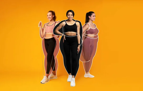 Cheerful Slender European Arab Black Young Women Athletes Sportswear Overweight —  Fotos de Stock