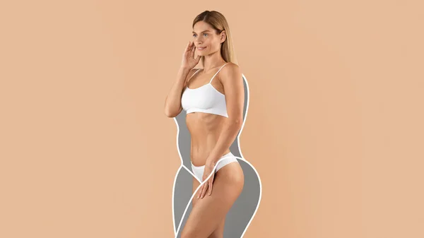 Rear Back View Of Young Slim Woman In White Underwear Stock Photo
