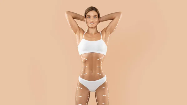 Liposuction Konsepti Güzel Ince Bir Kadın Bej Arka Planda Izole — Stok fotoğraf
