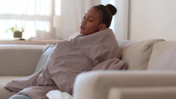 季节性病毒的概念 年轻的 心烦意乱的 有病的非洲裔美国女人 裹在毯子里 拿着纸巾 打喷嚏 在家里感觉不舒服 动作缓慢 自由自在 — 图库视频影像
