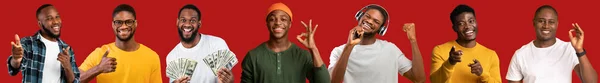 幸せなアフリカ系アメリカ人若い男性でスタイリッシュなカジュアルな衣装で赤いスタジオの背景にポーズ ハンサムな黒人男性笑顔 ジェスチャー ガジェットを使用して 正の写真のセット コラージュ ウェブバナー — ストック写真