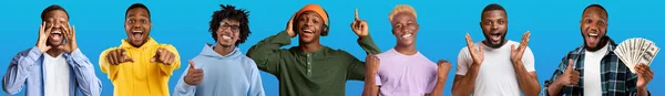 아프리카 미국인 밀레니엄 남자푸른 스튜디오 배경에서 재미를 즐기는 스타일의 캐주얼 — 스톡 사진