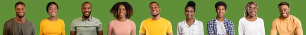 魅力的な若い黒人のスタジオ写真のモザイク緑の背景 スタジオの肖像画のコレクション コラージュ ウェブバナーを明るく笑顔様々な職業 — ストック写真