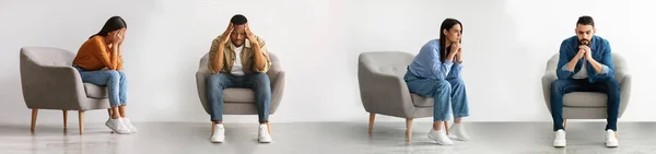 Koncepcja Depresji Zestaw Smutnych Zamyślonych Wieloetnicznych Ludzi Siedzących Fotelu Domu — Zdjęcie stockowe