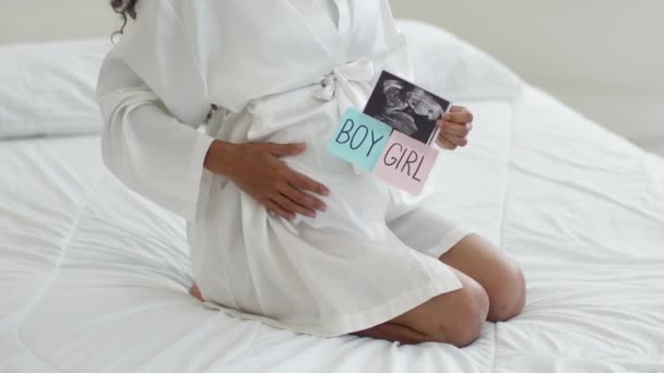 Tanımlanamayan Hamile Kadının Elinde Sonografi Fotoğrafı Üzerinde Erkek Kız Etiketleri — Stok video