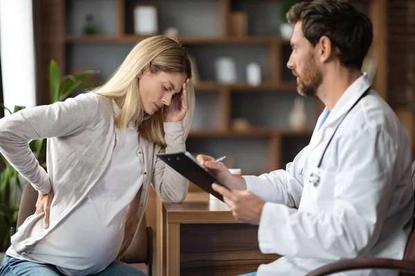 Sick Pregnant Woman Feeling Unwell Meeting Her Doctor Clinic Male — Stock Photo, Image